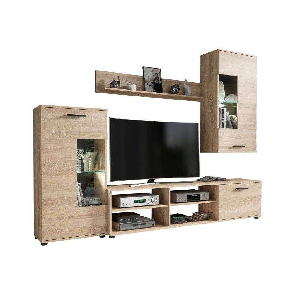 Mueble de Salón Moderno con Leds, Acabado en Cambria, 38 cm (Fon), 229x200 cm