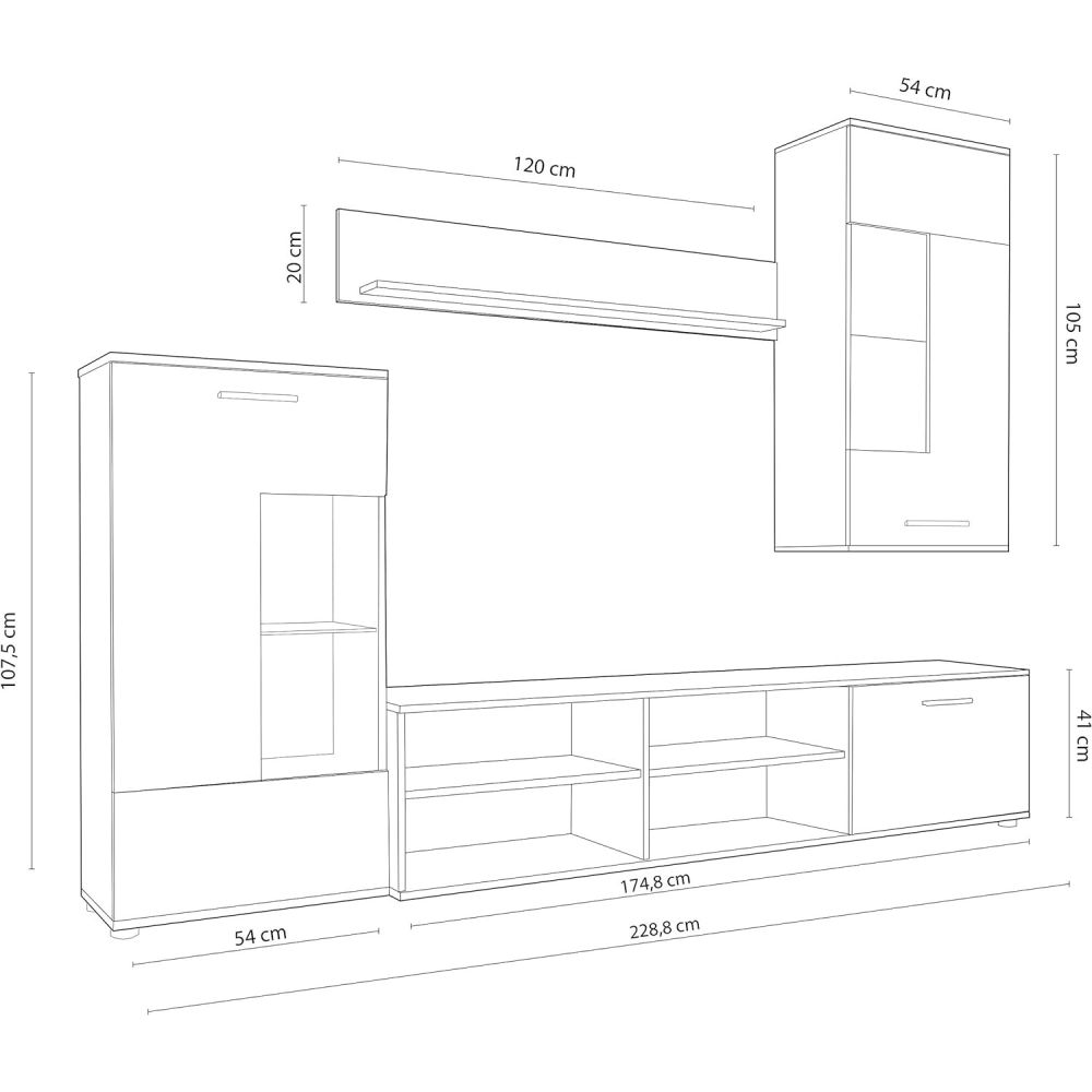 Mueble de Salón Moderno con Leds, Acabado en Cambria, 38 cm (Fon), 229x200 cm