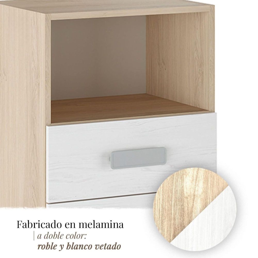Mesita de noche - Dormitorio o Mesa Auxiliar Salón, Natural y Blanco Veteado, 47.5 x 73 x 39.6 cm
