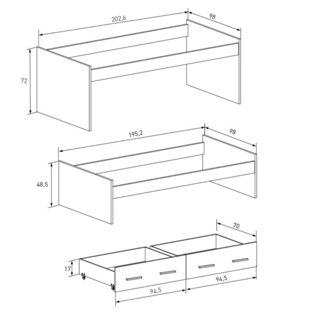 Cama Nido Juvenil Doble con Cajones de Almacenaje, 202,6 cm de largo